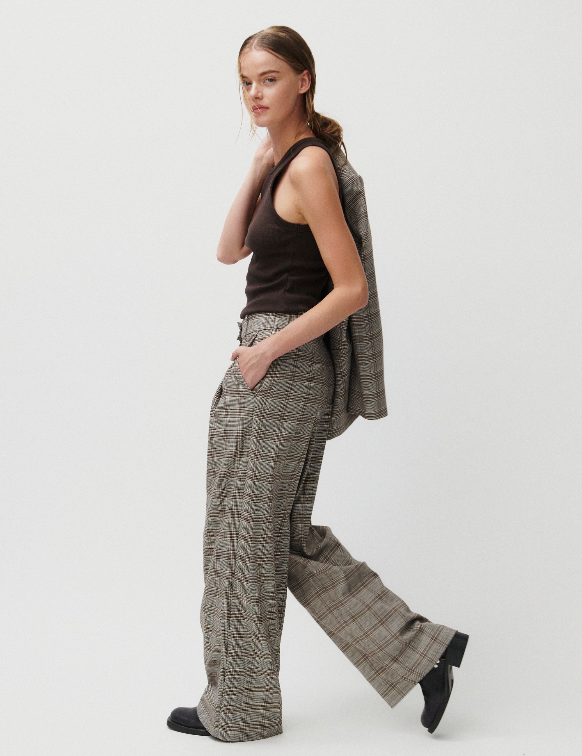 2NDDAY 2ND Mylos - Checked Suiting Pants 170808 Taupe Gray