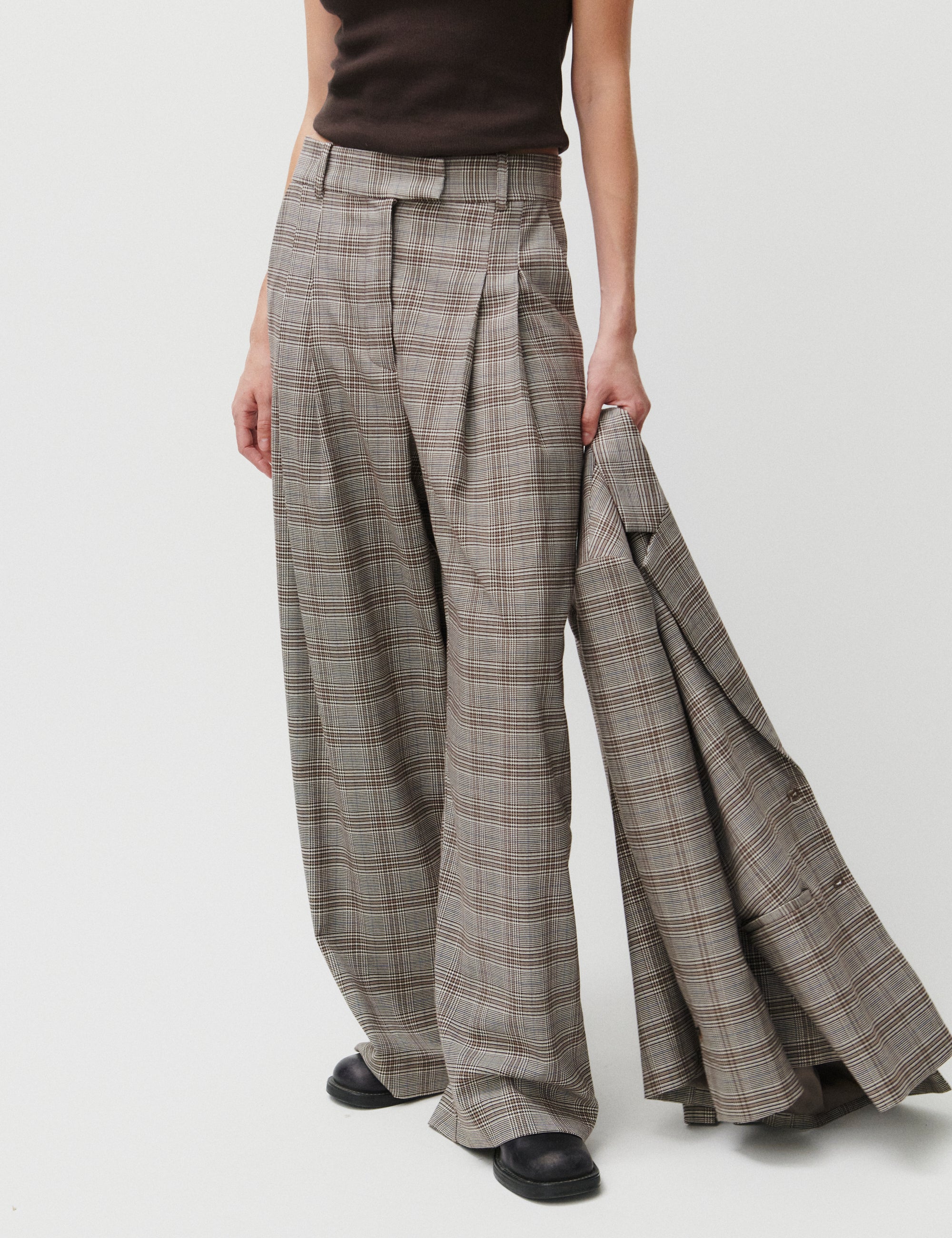 2NDDAY 2ND Mylos - Checked Suiting Pants 170808 Taupe Gray