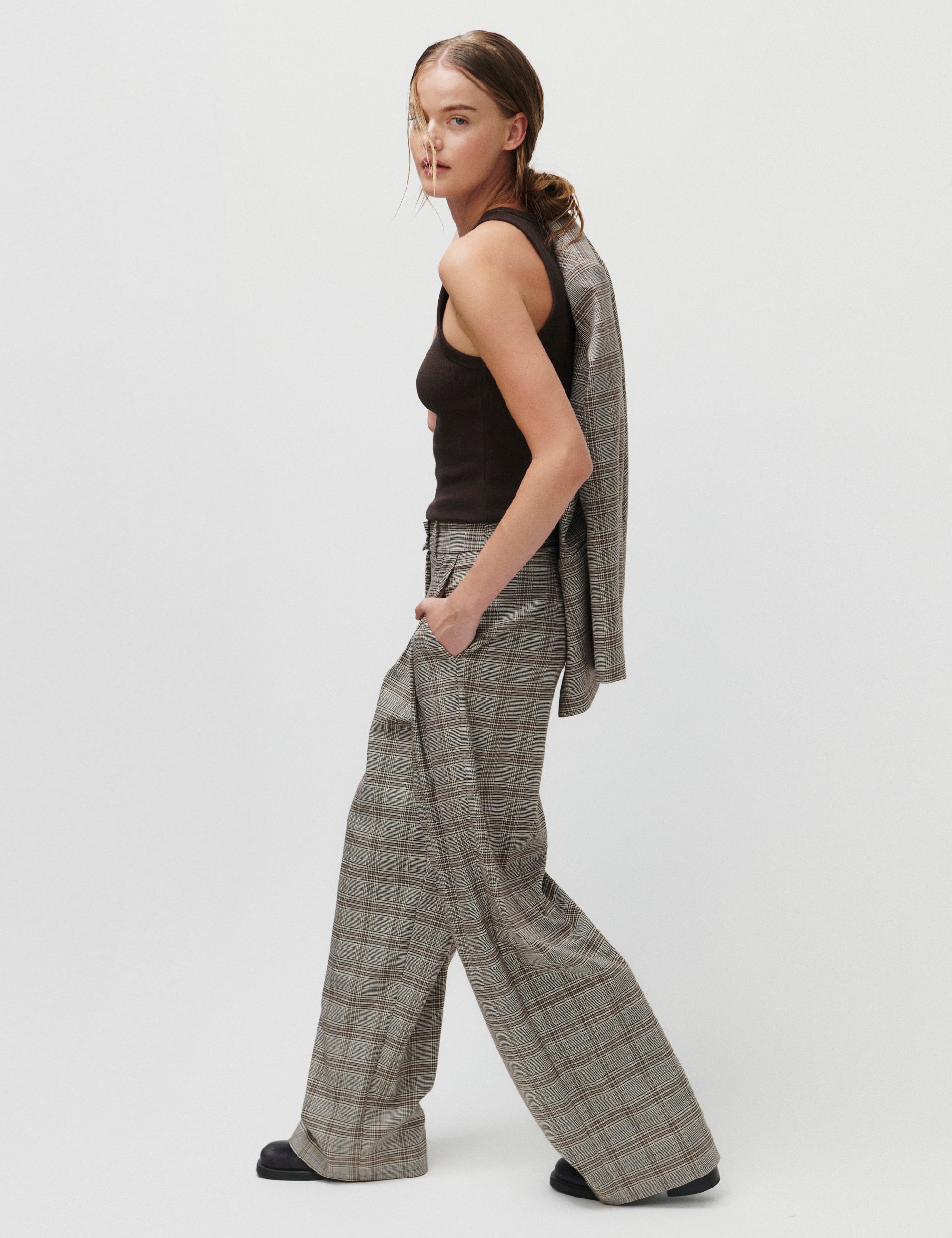 2NDDAY 2ND Mylos - Checked Suiting Pants 170808 Taupe Gray