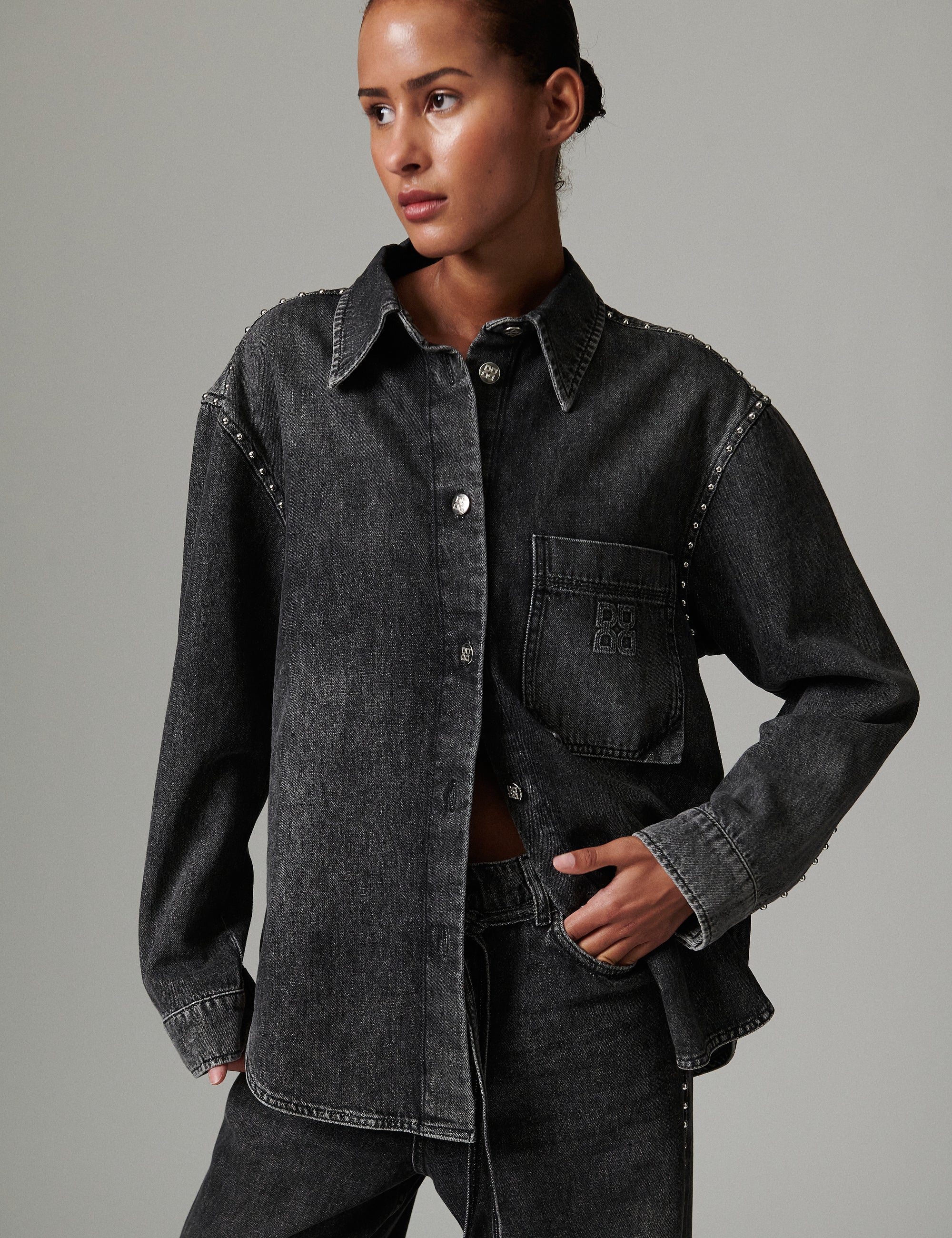 Clothilde - Embellished Denim - Shirt - Black